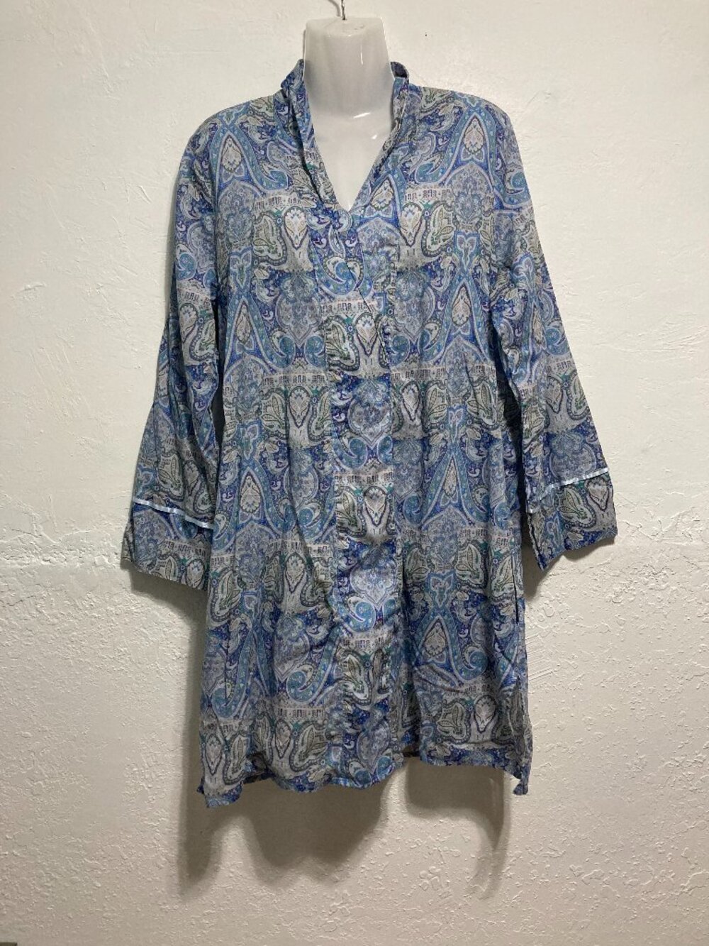 Papinelle Long Sleeve Tunic Sleep Dress Blue Paisley Relaxed Luxury Pockets M